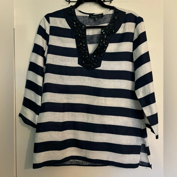 Jones New York‎ Womens Navy White Striped Linen Tunic Beaded Neckline Sz Small - Picture 1 of 9